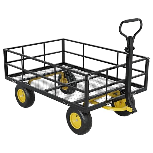 3-in-1 Heavy-Duty Steel Garden Cart, 1200 Lbs Garden Wagon, with 13 Inch All-Terrain Tires and Removable Mesh Side Panels, 180° Rotating Handle, Metal Multi-Function Carts, Outdoor Gardens Wagon Cart - color: Black + Yellow, size: 1200 Lb