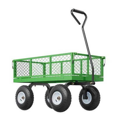 VEVOR 680 Lbs Steel Garden Cart on Wheels, Heavy Duty Garden Wagon Cart Pullable, Metal Outdoor Utility Yard Wagon Carts with 10" Tires, Mesh Removable Sides and 180°Rotating Handle - color: Black+green