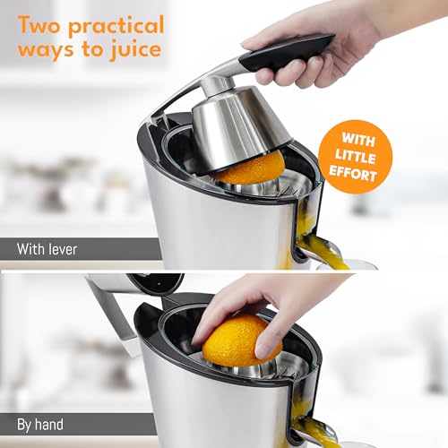 LEBENLANG Stainless Steel Electric Orange Juicer 200W I Incl. Stainless Steel Cone & BPA-Free | 24oz Electric Juicer Citrus Press Fruit Press I High Juice Yield for Oranges & Lemons - color: Silver