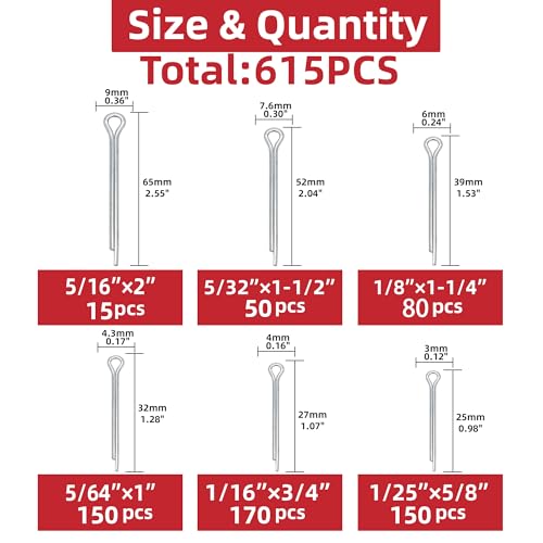 615-Piece Hairpin Cotter Pin Assortment Kit, 6 Sizes - size: 615Pcs-6 Sizes-Cotter Pin