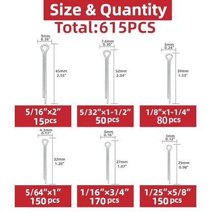 615-Piece Hairpin Cotter Pin Assortment Kit, 6 Sizes - size: 615Pcs-6 Sizes-Cotter Pin