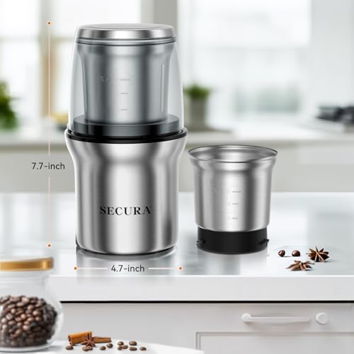 Secura Electric Coffee Grinder and Spice Grinder with 2 Stainless Steel Blades Removable Bowl | 2 Stainless Steel Blades Removable Bowls, For Spice, Coffee Bean, Dry and Wet Ingredients Grinding - color: Stainless, size: 2 removable bowl