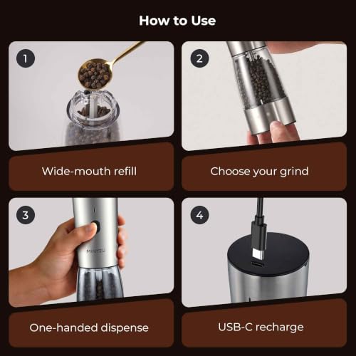 Electric Salt and Pepper Grinder Set of 2, Rechargeable High-Torque Mills