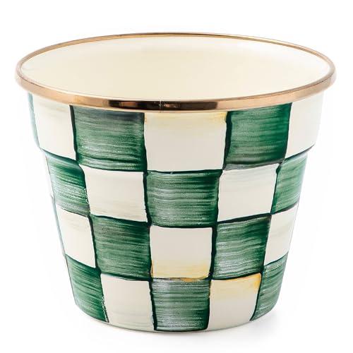 MACKENZIE-CHILDS Enamel Garden Pot, Decorative Pot for Plants, Outdoor Flowerpot Decor, Small, Green-and-White Emerald Check - color: Emerald Check, size: Small