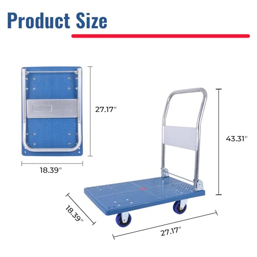 380lbs Small Flatbed Cart, Foldable Platform Truck Dolly with Swivel Wheels,Heavy Duty Moving Platform Hand Truck, Push Cart Platform Dolly Cart for Groceries, Warehouse(27.17" x 18.39" Blue) - style: 380 LBS