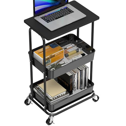 Simple Houseware 2-Tier Rolling Utility Cart Wood Top/Lockable Wheel, Black - color: Black