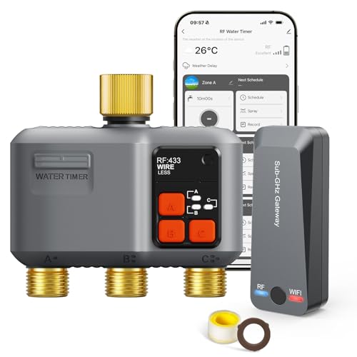 WiFi Sprinkler Timer 3 Zone, 984ft Range Smart Water Timer for Garden Hose - style: 3 Zone Brass Inlet & Outlet