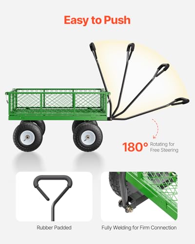 VEVOR 680 Lbs Steel Garden Cart on Wheels, Heavy Duty Garden Wagon Cart Pullable, Metal Outdoor Utility Yard Wagon Carts with 10" Tires, Mesh Removable Sides and 180°Rotating Handle - color: Black+green