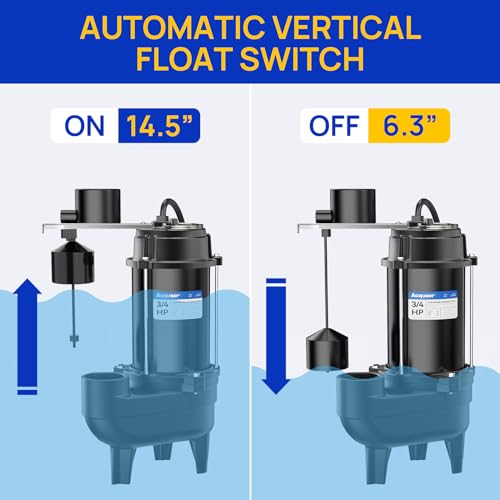 Acquaer 3/4 HP Submersible Sewage Pump 6400 GPH Auto Vertical Float Switch - color: Dark Black