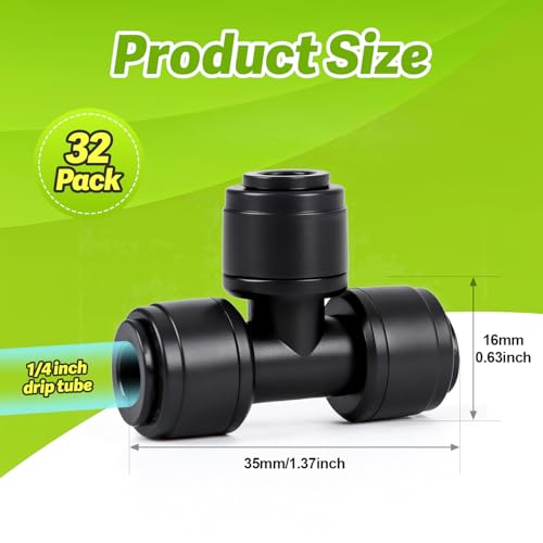 Quick Connect 1/4" Drip Irrigation Tee Fitting: 32 Pieces Push to Fit Drip Line T Parts for 1/4-Inch Tubing Leak Free Dripline Hose Connectors for Garden Lawn Sprinkler System - size: 1/4" Tee-32P