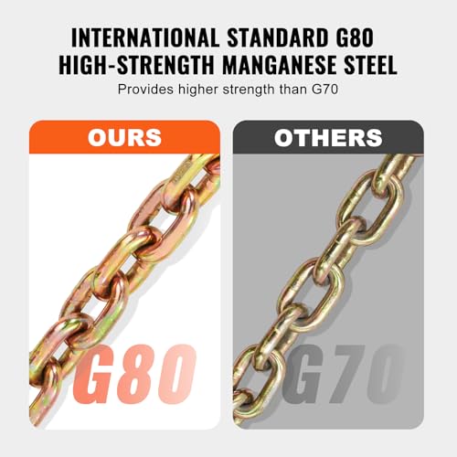 VEVOR G80 Transport Binder Chain, 5/16" x 14.2' Tow Chain with Clevis Grab Hooks, 4900 lbs Safe Working Load, Heavy Duty Trailer Logging Chain for Transporting Towing Truck Tie Down Binding Equipment - size: 5/16 Inch x 14 FT, style: 1 Pack
