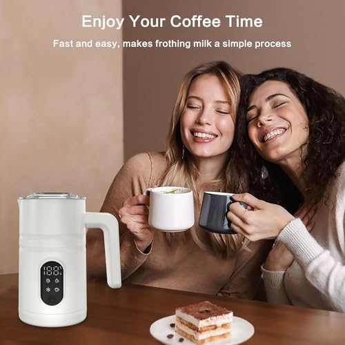 4 in 1 Electric Milk Frother Automatic Hot & Cold Foam Maker Auto Shut-Off Durable Stainless Steel Milk Frother Silent Working Easy to Clean for Hot Chocolate (White-With Digital Display) - color: White-A