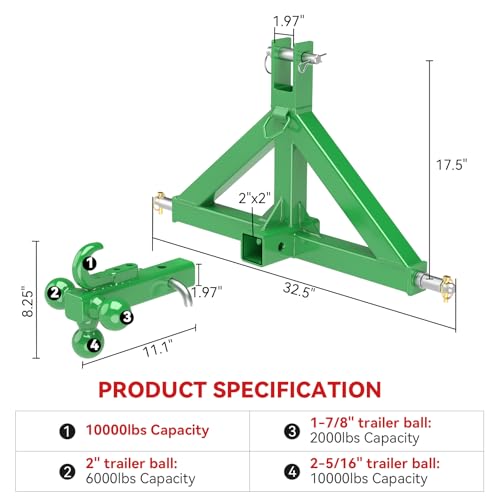 3 Point Trailer Hitch 2” Receiver for Cat 1 Tractor Quick Hitch Attachment - color: Green