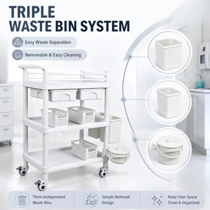 3 Tier Storage Cart with Dual Drawers, ABS Bins and PU Casters