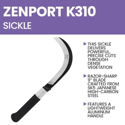 Zenport K310 Brush Clearing Sickle with 9-Inch Carbon Steel Blade and 9-Inch Aluminum Handle - Gardening/Landscaping Hand Sickle with Grip