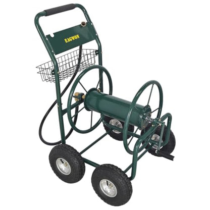 Upgrade Hose Reel Cart, 4-Wheel Heavy Duty Steel Garden Hose Cart, Holds Up to 300 ft 5/8'' Hose, with Hose Guide & Storage Basket, Portable Water Reel for Yard, Lawn & Outdoor Use