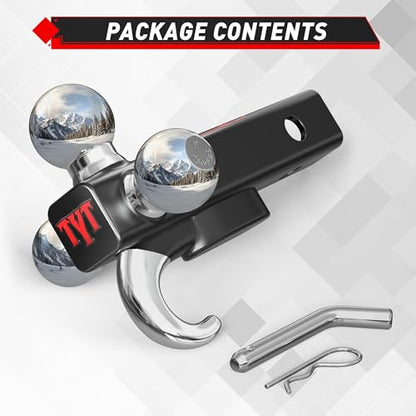 TYT Trailer Hitch Tri Ball Mount with Tow Hook,Fits 2 inch Receiver,1-7/8", 2", 2-5/16"Ball,10,000 lbs GTW,1,000 lbs TW,with Hitch pin - size: Tri-Ball with Hook 2
