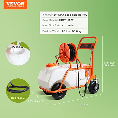 VEVOR Battery Powered 15 Gallon Garden Weed Sprayer with Wheeled Cart, 126FT Hose with Reel, 8 Nozzles, 2 Wands with Lock Trigger, 0-90PSI, 5-6h Spray Time, Wide Mouth Lid, Rotating Wheels with Brake - size: 15 Gal-Custom Bulit Cart