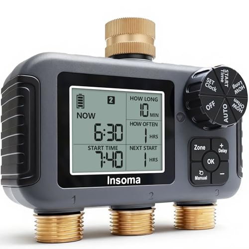 Insoma 3 Outlet Sprinkler Timer Brass Inlet & Outlet, Programmable Garden Hose Timer with Rain Delay, Manual& Automatic Watering System - size: 3 Zone-Brass Inlet Outlet