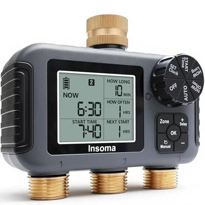 Insoma 3 Outlet Sprinkler Timer Brass Inlet & Outlet, Programmable Garden Hose Timer with Rain Delay, Manual& Automatic Watering System - size: 3 Zone-Brass Inlet Outlet