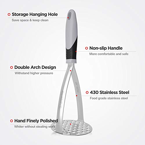 Joyoldelf Heavy Duty Potato Masher, Stainless Steel Integrated Masher Kitchen Tool & Food Masher/Potato Smasher with Non-slip Handle, Perfect for Bean, Vegetable, Fruits, Avocado, Meat - color: grey-black