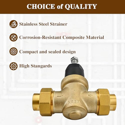 1" NR3XLDU Bronze Water Pressure Reducing Valve, 1-NR3XLDU with Double Union FNPT Connection, Has a Built-in Stainless Steel Filter Screen, No Lead Water Pressure Regulator for Home & Commercial Use