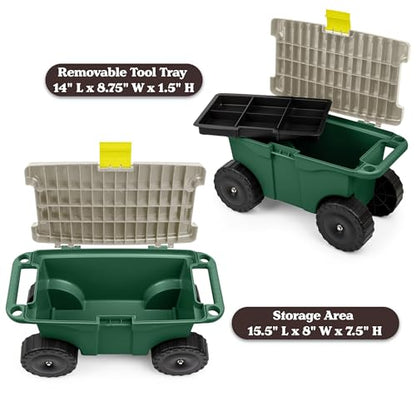 Rolling Garden Cart with Seat - Plastic Storage with Bench and Interior Tool Tray - Gardening Stool for Weeding and Planting By Pure Garden (Green) - color: Dark Green/Black/Grey