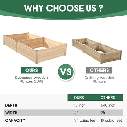 SPECRAFT 8x4 Ft Wood Raised Garden Bed, 15 Inch Deep Planter Box - size: 8x4 FT