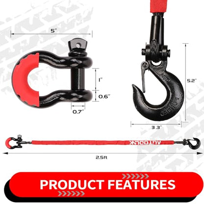 2.5FT UTV ATV Recovery Strap 19400LBS with Winch Hook and D-Ring Shackle, Synthetic Tow Rope Premium Mudding Accessories - size: 2ft