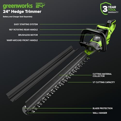 Greenworks 24V 24 in Cordless Hedge Trimmer, Rotating Handle, Tool Only - size: 24 in, style: Tool Only