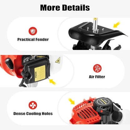 1.45kW Gasline Powered Mini Tiller, 9-Inch Tilling Width - size: 2-Stroke 51.7cc