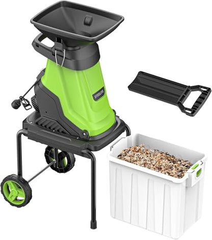 Steelite 1.8" 15 Amp Electric Wood Chipper, 55L Collection Bin Electric Mulcher Chipper Shredder, Wood Chipper with Max 4000RPM Motor Speed, Easy-Cleanup Dual Steel Blades for Twigs and Branches - color: dark green