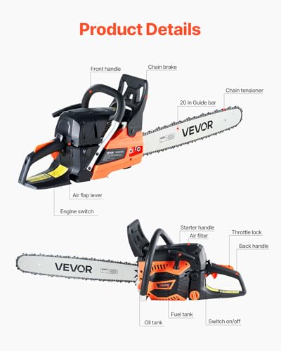 VEVOR Gas Powered Chainsaw 20 inch 62CC 3.8 HP 2 Stroke Engine Gas Chainsaw - size: 62CC-20inch