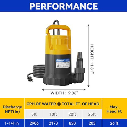 Acquaer 1/2HP Sump Pump, 2906GPH Submersible Water Pump - color: Mustard