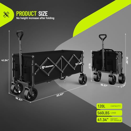 HIKEMOON 34'' Extra Long Folding Wagon Wide Wheels, 120L 360LBS Black