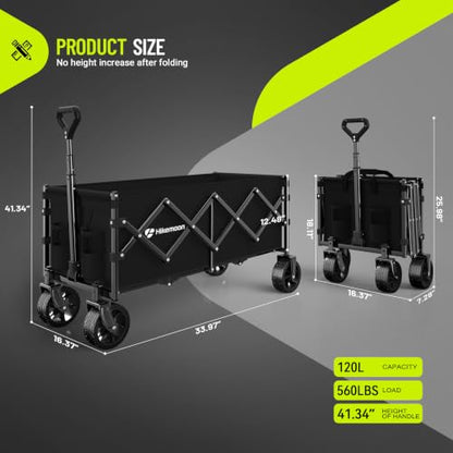 HIKEMOON 34'' Extra Long Folding Wagon Wide Wheels, 120L 360LBS Black