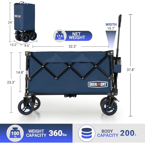 Overmont Ultra-Compact Collapsible Wagon Cart - 200L Utility with Big Wheel - color: Blue, size: 360LBS