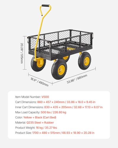 VEVOR Steel Garden Cart, Heavy Duty 500 lbs Capacity, with Removable Mesh Sides to Convert into Flatbed, Utility Metal Wagon with 180° Rotating Handle and 10 in Tires, Perfect for Garden, Farm, Yard - color: Blackyellow