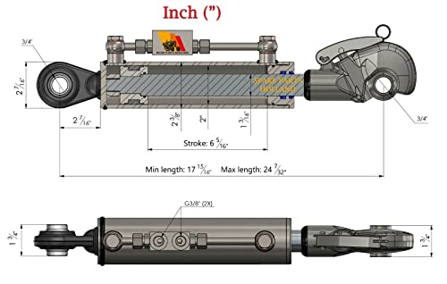 Hydraulic Top Link Cat. 1 + 1 Catch Hook 17 15/16" - 24 7/32" Locking Block Hoses Stroke 6 5/16"