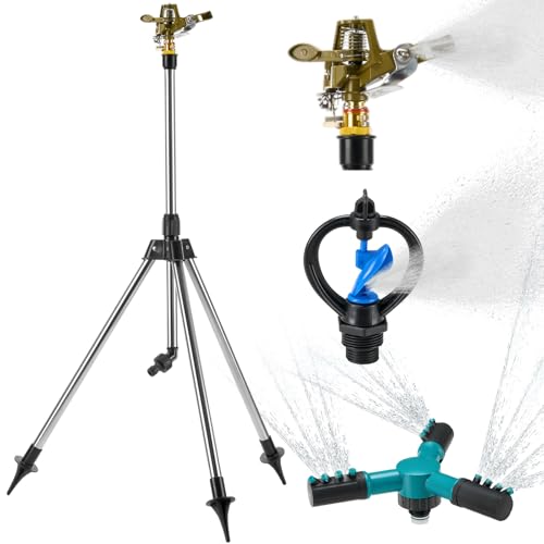 Funnymoom 4 Pcs Lawn Sprinklers for Yard Impact Sprinkler Head on Tripod Base Brass Head 1/2 Inch Zinc Impact Sprinkler Rotating Adjustable Metal Tripod in 18-36-inch Heavy Duty for Large Garden