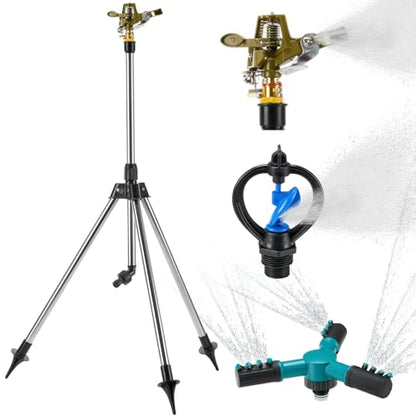 Funnymoom 4 Pcs Lawn Sprinklers for Yard Impact Sprinkler Head on Tripod Base Brass Head 1/2 Inch Zinc Impact Sprinkler Rotating Adjustable Metal Tripod in 18-36-inch Heavy Duty for Large Garden