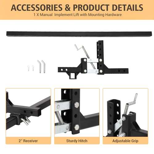 Manual Implement Lift, 1 Point and 2 Inch Receiver, 50 in, Adjustable Height, UTV ATV Rake Scrape Blade Plow Disc Universal Tow Behind Attachments