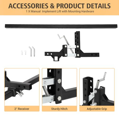 Manual Implement Lift, 1 Point and 2 Inch Receiver, 50 in, Adjustable Height, UTV ATV Rake Scrape Blade Plow Disc Universal Tow Behind Attachments