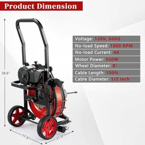 Winado Drain Cleaner Machine, 100 ft x 1/2 in Sewer Auger for 1-4 in Pipes