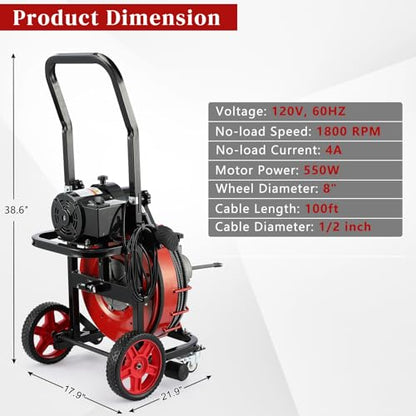Winado Drain Cleaner Machine, 100 ft x 1/2 in Sewer Auger for 1-4 in Pipes