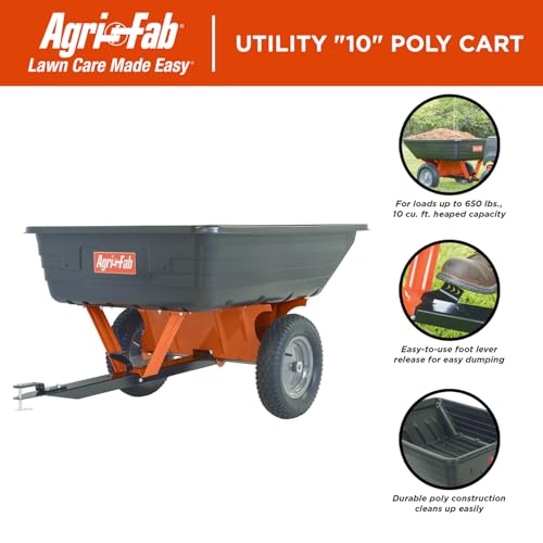 Agri-Fab 45-0533 650 lbs Tow Behind Poly Dump Cart, 10 CU. FT.; Lawn & Garden Cart/Trailer for Lawn Mowers, 16" Pneumatics Tires, Easy to Use Foot Pedal Dumping Lever - style: 650 lb. Poly Tow-Behind Dump Cart