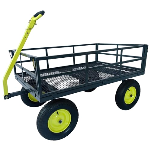Yard Tuff Jumbo Wagon Heavy Duty Steel Mesh Deck Utility Outdoor Yard Cart, 1400 Capacity Haul with Large Stable Tires, 34 x 52 Inch, Gray/Green