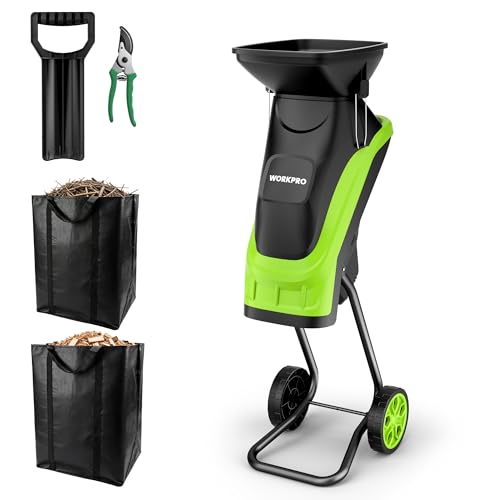 WORKPRO Electric Wood Chipper, 15A 4300RPM Corded Branch Shredder, 1.73" Cutting Capacity, 14:1 Reduction Ratio, SK5 Dual-Blade System, Portable Yard Chipper with Wheels & Collection Bag