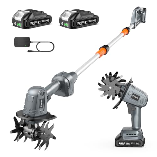 2-in-1 Cordless Tiller Cultivator, 20V Electric Rototiller with Detachable Extension Pole, 2×2.0Ah Battery, Lightweight 4.9 lbs Garden Tiller, 300 RPM for Raised Beds, Lawn, Weeding & Soil Cultivation - size: 4''x4''