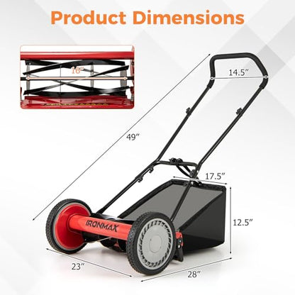 IRONMAX 16 Inch 5-Blade Push Reel Mower, Removable Grass Catcher, Red - color: Red, size: 16 Inch